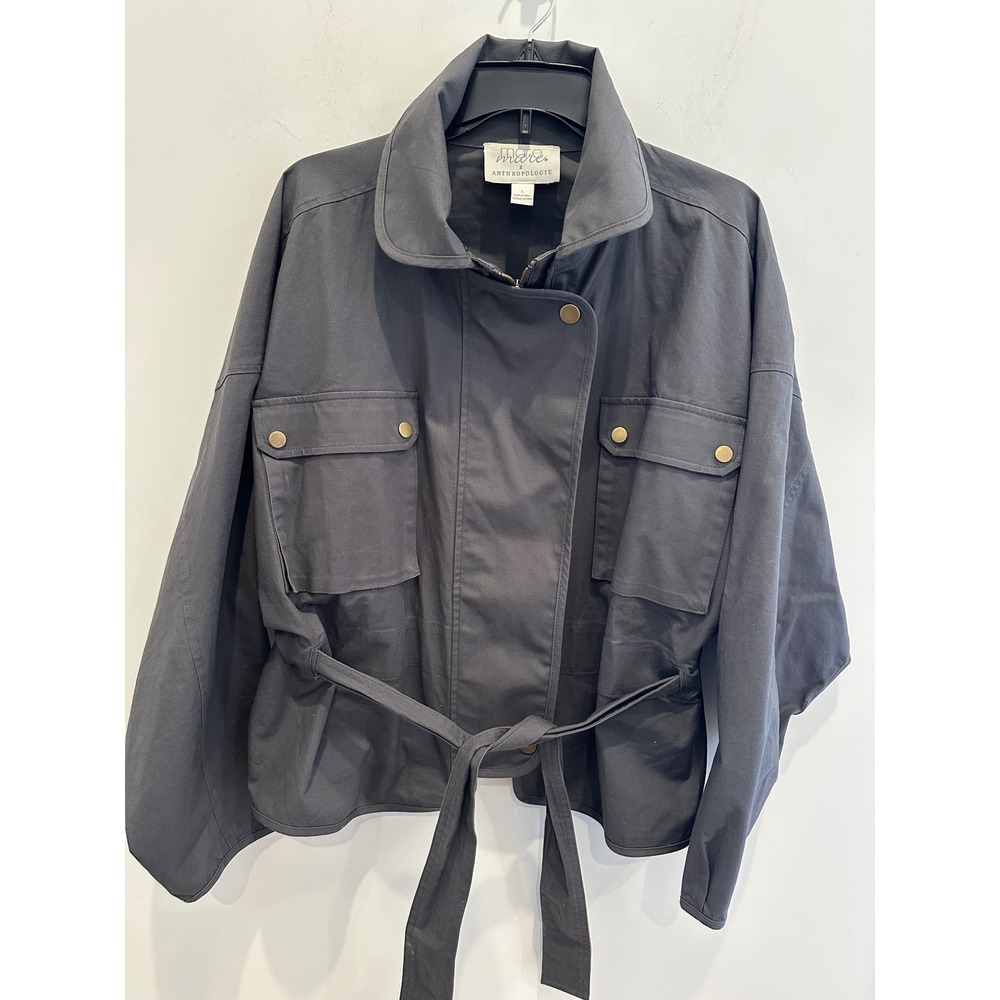 Mare Mare x Anthropologie Blue Gray Utility Jacket Belted Peplum Large Full Zip